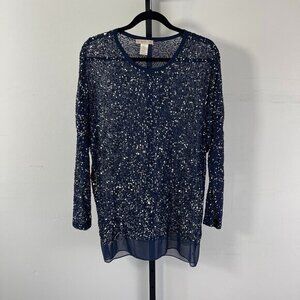 Gold Hawk Women's Navy Blue Sheer Embellished Sequin Tunic Dressy Size Small